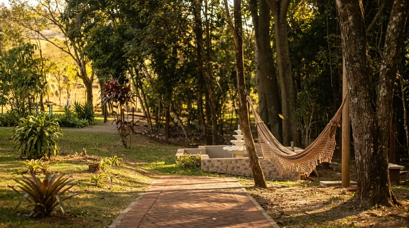 Rede vazia entre as árvores no fim de tarde