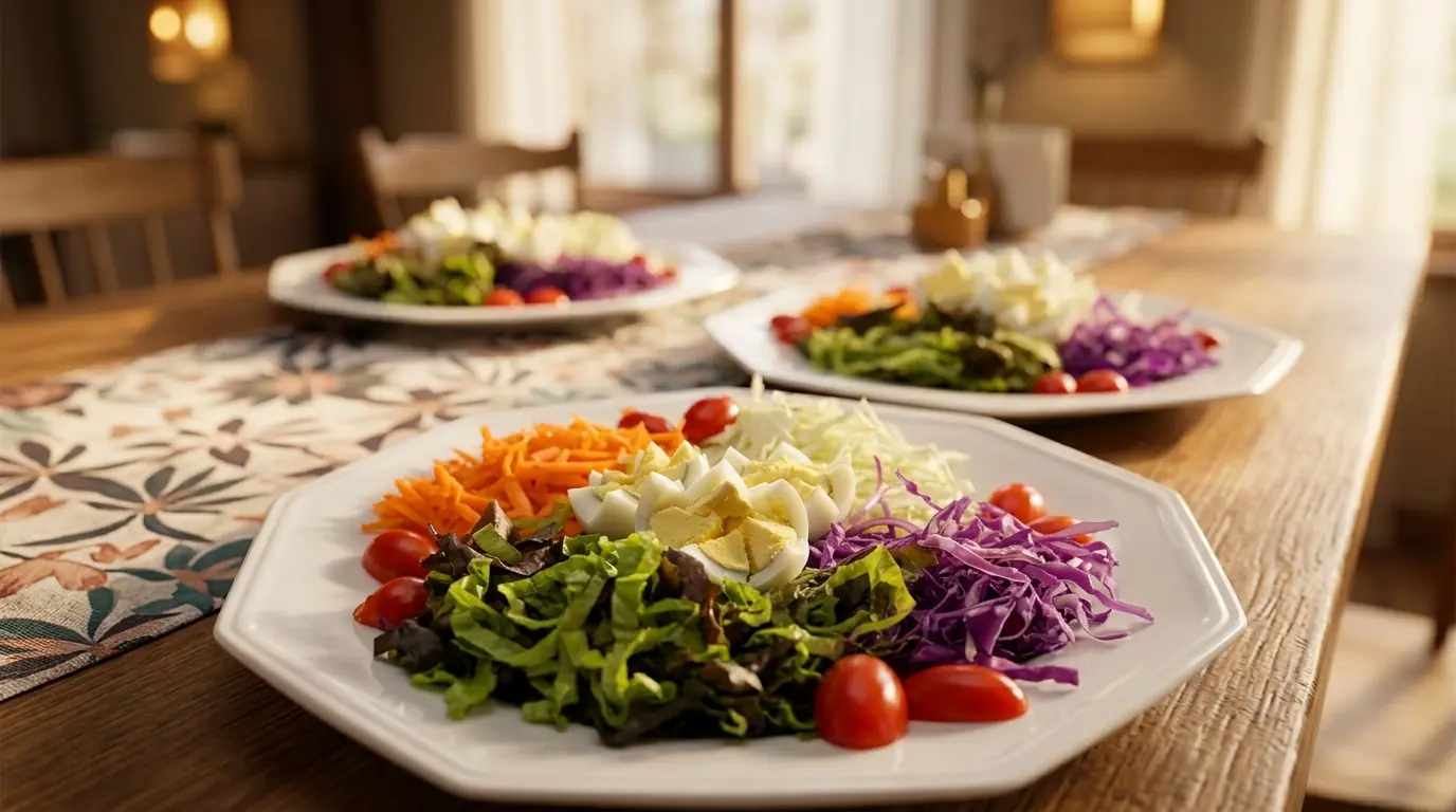 Salada colorida com ovos, cenoura, repolho roxo e tomate, servida em mesa posta