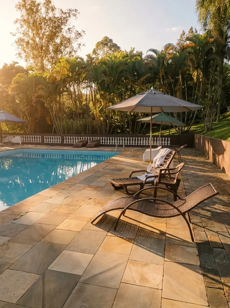 Piscina externa do Água Santa com espreguiçadeiras e palmeiras ao fundo