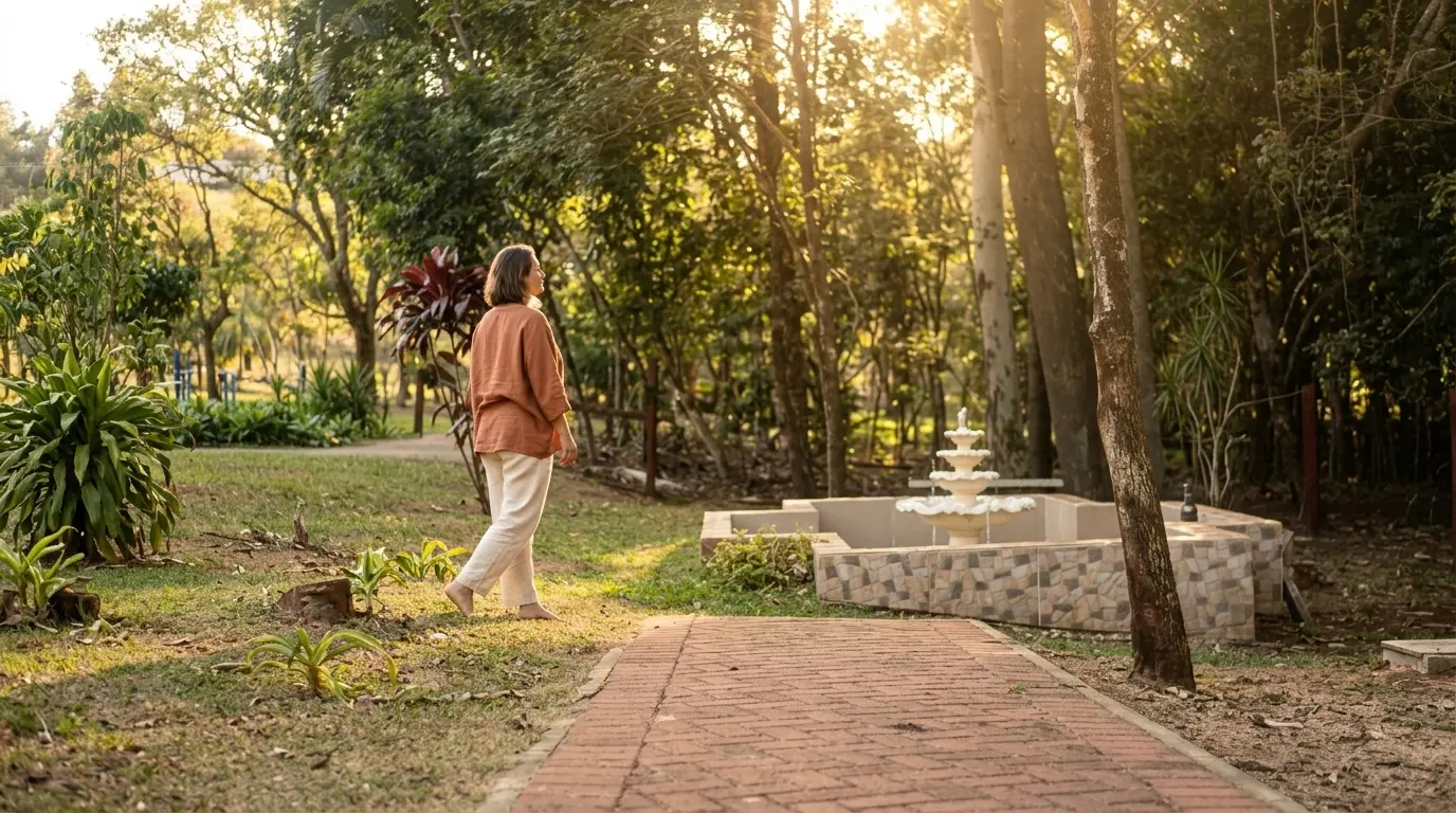 Hóspede caminhando descalça no jardim do Água Santa ao entardecer