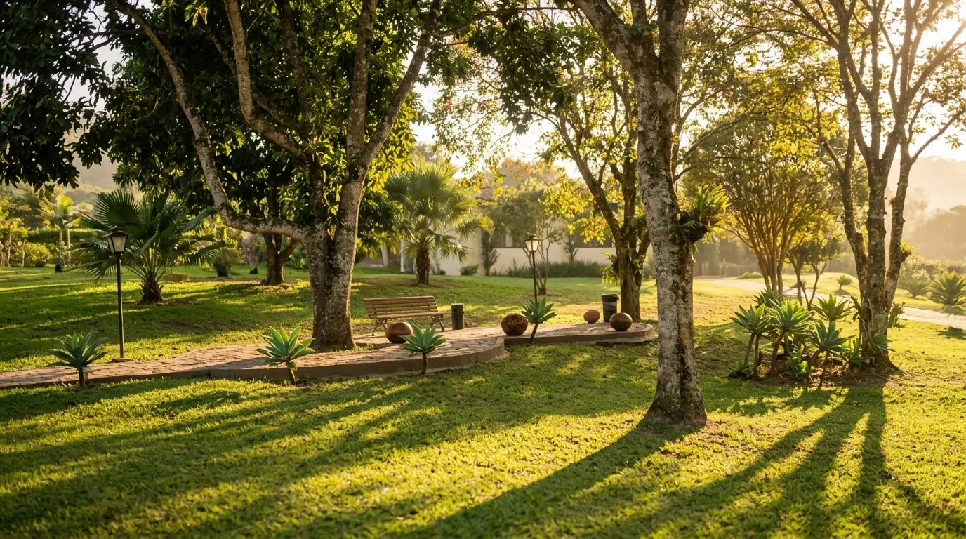 Banco de madeira num caminho de pedras entre árvores no jardim do Água Santa, luz dourada de fim de tarde